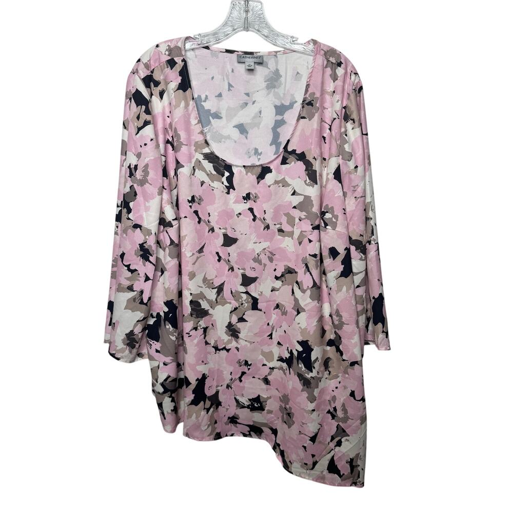 Catherines Top 2X Pink Beige Black Floral‎ Blouse Plus Size Lightweight Tunic